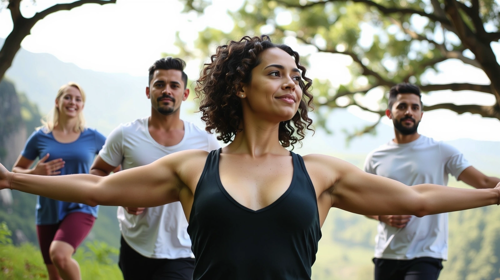 Diverse group of people engaged in healthy activities in a serene natural setting