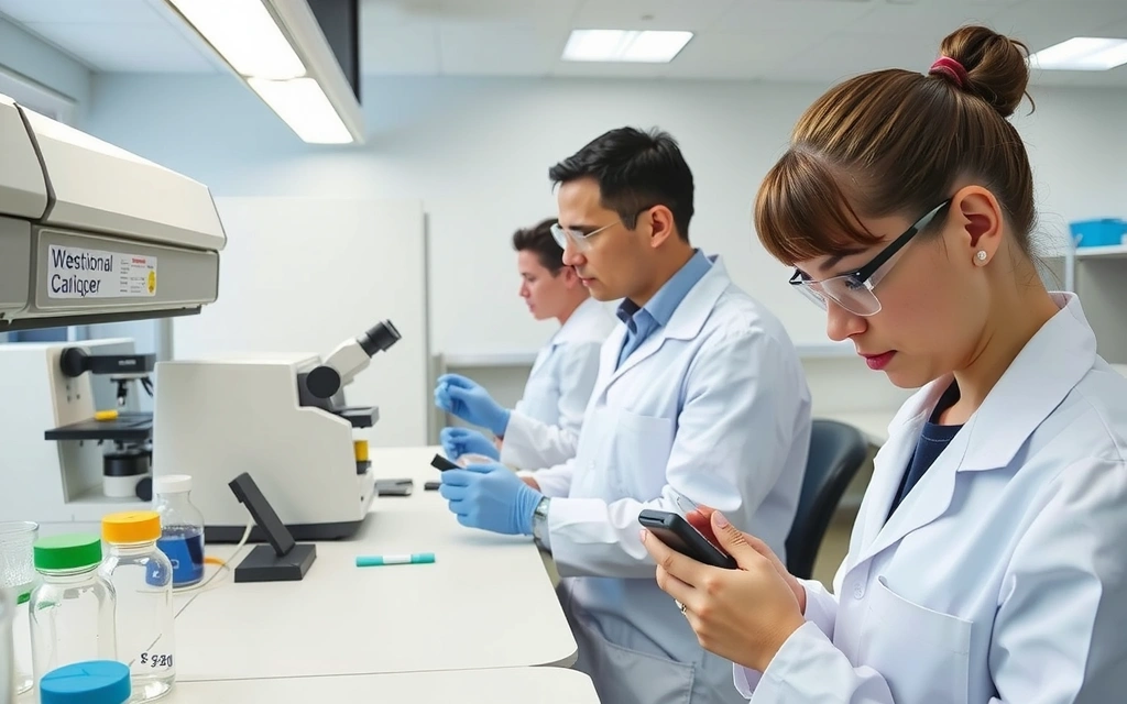 A modern research lab with advanced equipment, showcasing scientists in lab coats meticulously examining samples, emphasizing innovation and scientific rigor.
