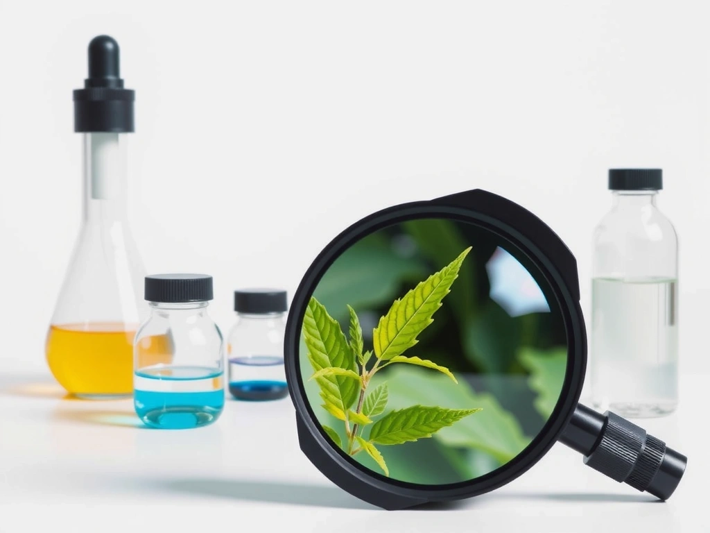 A pristine, minimalist laboratory setup with scientific equipment and a magnifying glass over a plant extract, symbolizing meticulous quality control and transparency in research.