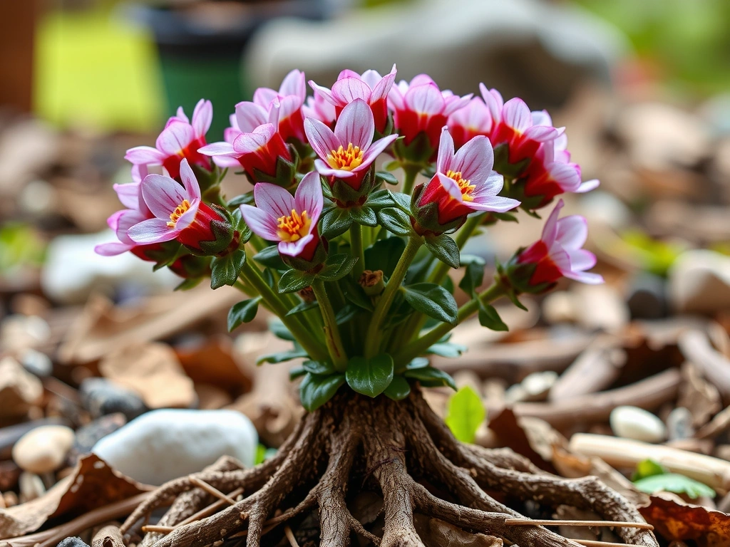 A vibrant Rhodiola Rosea plant with its distinctive roots, depicted in a natural, serene environment, conveying strength, resilience, and natural medicinal properties.