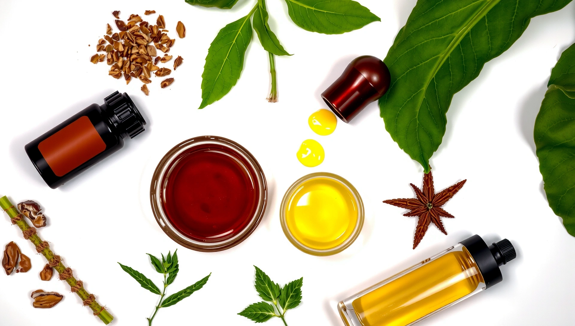 Artful arrangement of natural botanical extracts, herbs, and plant oils on a pristine white surface, conveying purity, scientific precision, and elegance in a high-key lighting setup.