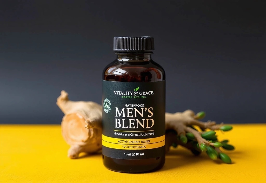 Minimalist product bottle for Active Energy Blend with Rhodiola and Ginseng roots in the background.